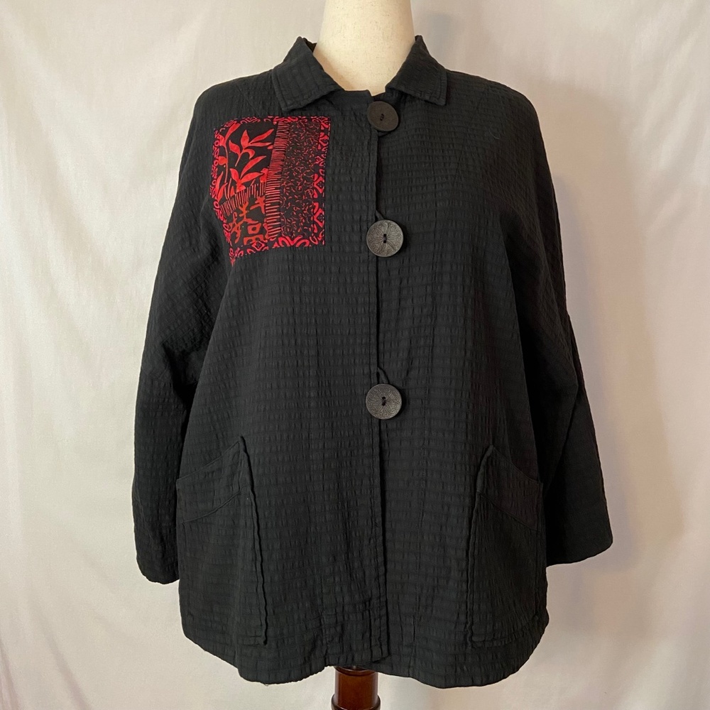 Wearable Art!  Brie Kriebel Black Jacket With Red Oriental Appliqué Size L